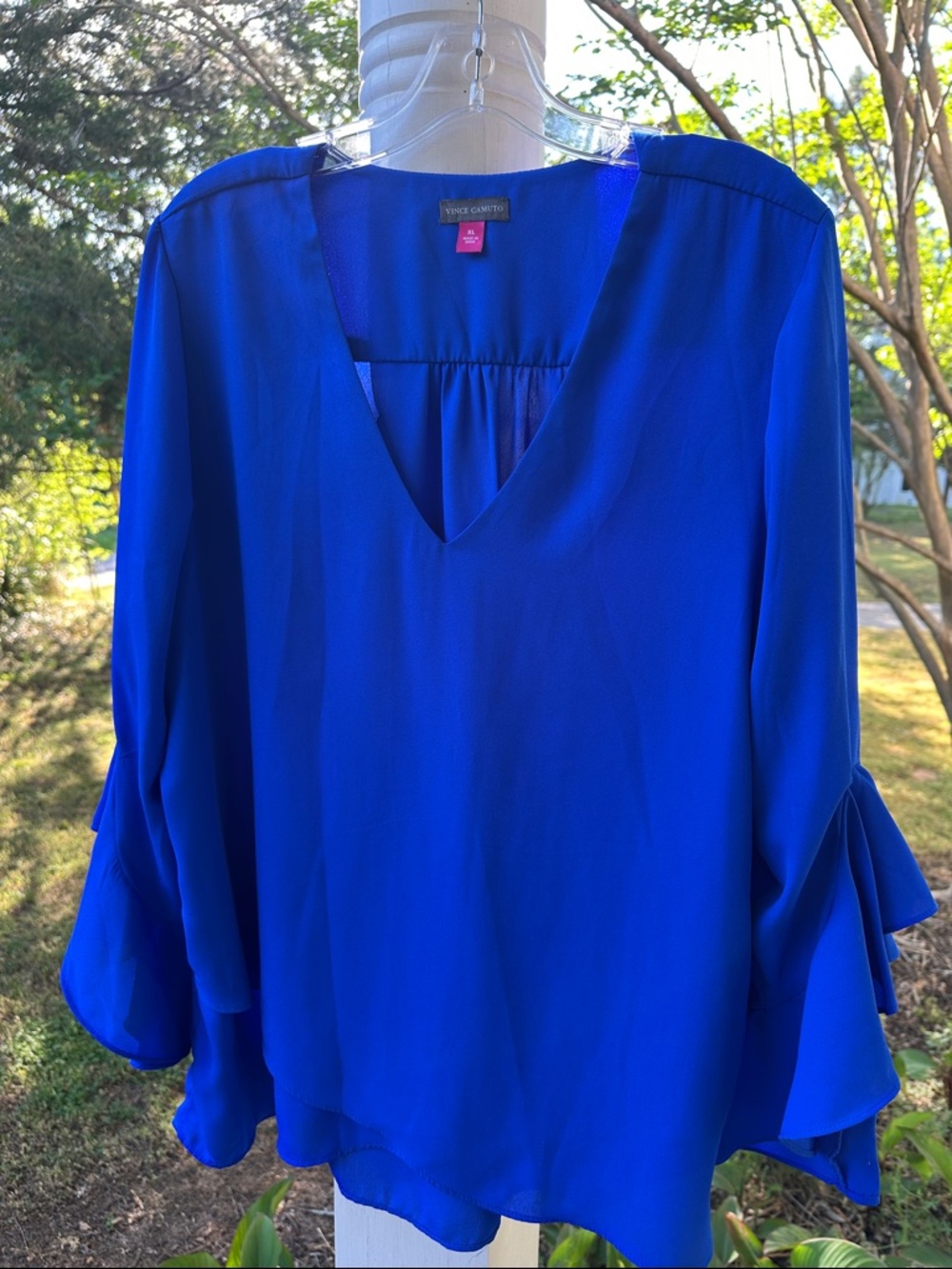Vince Camuto Cobalt Blue V-Neck Blouse with Ruffle Sleeves